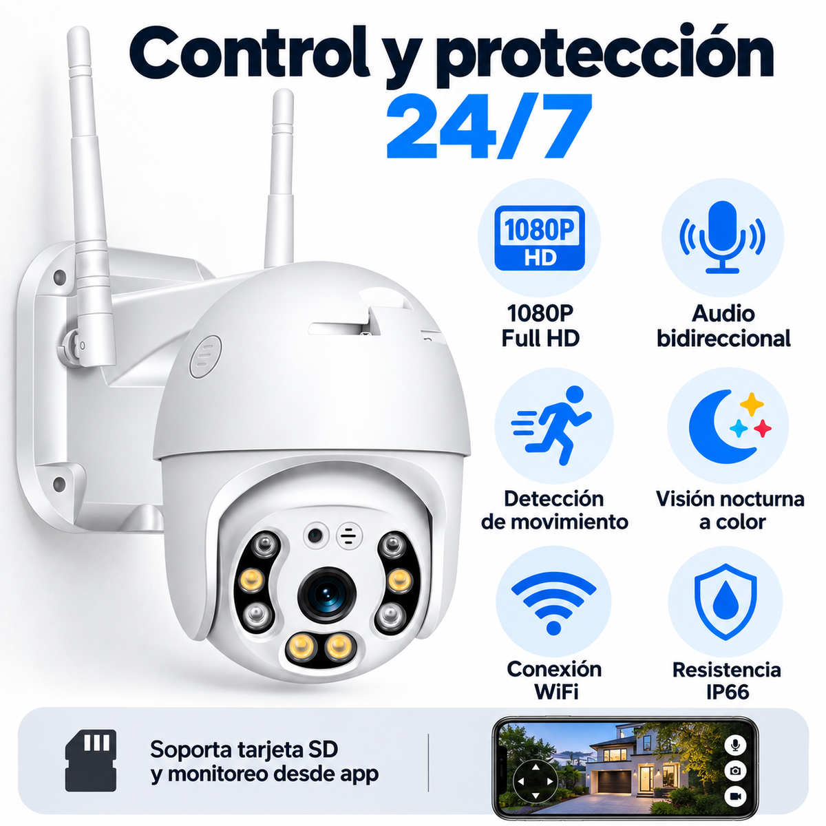 Cámara de Seguridad WiFi Exterior 1080P con Audio y Visión Nocturna